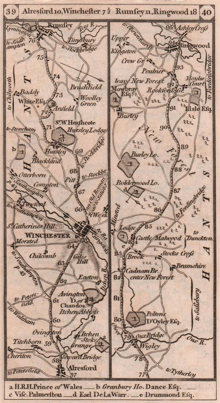 Alresford - Winchester - Romsey - Ringwood road strip map PATERSON 1803
